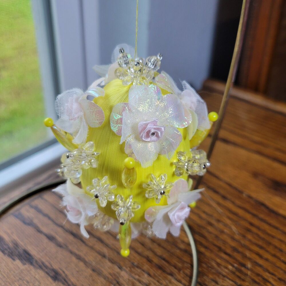 Vtg Ornate Easter Egg Handmade Beaded Push Pin Satin Basket Filler Yellow Egg